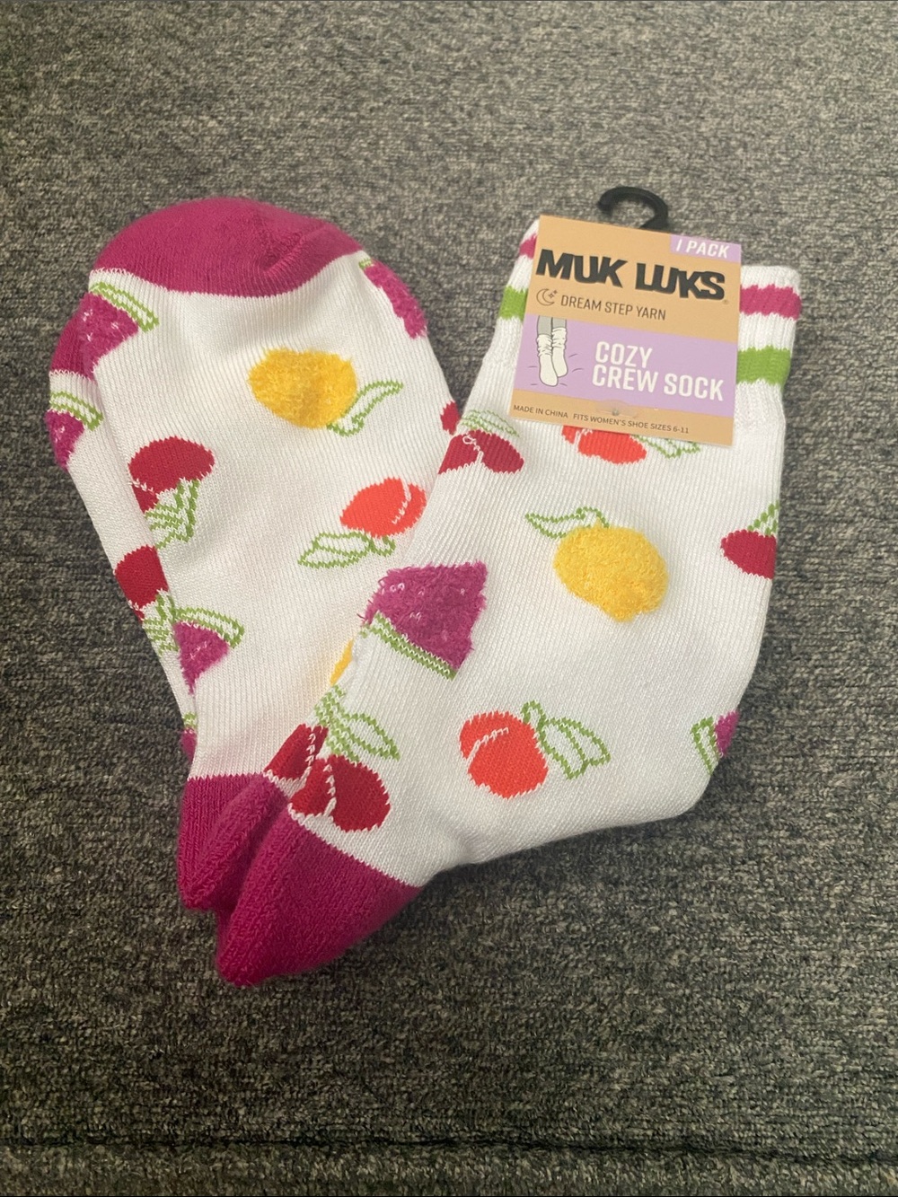 Muk Luks White Crew Socks with Pink, Yellow & Red Fruit Motifs